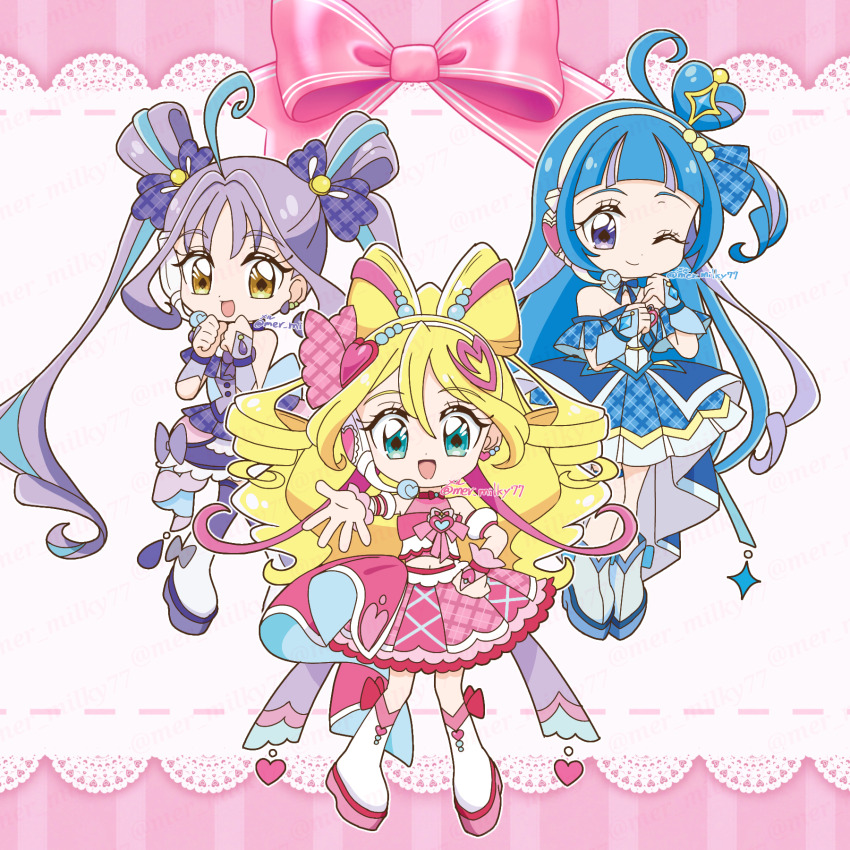 3girls aokaze_nana aqua_eyes artist_name back_bow bare_shoulders beads blonde_hair blue_boots blue_bow blue_bowtie blue_bridal_gauntlets blue_collar blue_dress blue_gemstone blue_hair blue_sleeves blunt_bangs boots border bow bow-shaped_hair bow_legwear bowtie bracelet bridal_gauntlets brooch buttons chibi clenched_hands closed_mouth collar commentary_request cropped_shirt cure_idol cure_kyunkyun cure_wink detached_collar detached_sleeves diamond_hair_ornament dot_nose dotted_line double_bun dress dress_bow earrings eyelashes frilled_bridal_gauntlets frilled_skirt frills gem hair_beads hair_between_eyes hair_bun hair_intakes hair_ornament hair_ribbon hand_jewel hand_on_own_hip happy headset heart heart_brooch heart_earrings heart-shaped_hair heart_hair_ornament heart_print highres jewelry kimi_to_idol_precure knee_boots lace large_bow layered_skirt letterboxed long_hair looking_at_viewer magical_girl meru_(mer_milky77) midriff miniskirt multicolored_hair multiple_earrings multiple_girls navel one_eye_closed one_side_up outside_border outstretched_hand palm_tree pink_border pink_bow pink_bowtie pink_bridal_gauntlets pink_ribbon pink_shirt pink_skirt plaid_clothes plaid_dress plaid_ribbon plaid_skirt plaid_sleeves pleated_dress pleated_skirt pleated_sleeves precure puffy_short_sleeves puffy_sleeves purple_bow purple_bridal_gauntlets purple_eyes purple_hair ribbon sakura_uta_(precure) shigure_kokoro shirt short_dress short_sleeves single_side_bun skirt sleeveless sleeveless_shirt sphere_earrings standing strapless strapless_dress streaked_hair striped_border tareme thigh_boots tree twintails unmoving_pattern very_long_hair watermark white_background white_boots white_bow white_headphones white_sleeves yellow_eyes