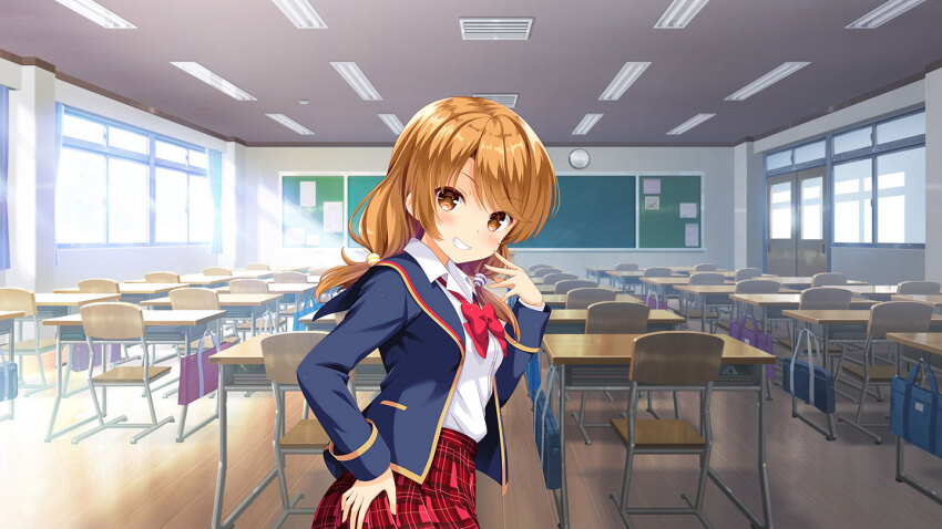1girl blazer blue_jacket bow bowtie brown_eyes brown_hair classroom closed_mouth day girlfriend_(kari) indoors jacket looking_at_viewer low_twintails official_art open_clothes open_jacket plaid_clothes plaid_skirt pleated_skirt qp:flapper red_bow red_skirt school_uniform shirt skirt smile socks solo standing tagme tamai_remi twintails white_shirt