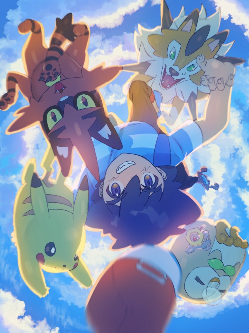 1boy ash_ketchum black_hair brown_pants commentary day falling from_below gen_1_pokemon gen_7_pokemon grey_eyes grin hat highres looking_at_viewer lycanroc lycanroc_(dusk) male_focus meltan mokukitusui mythical_pokemon nintendo outdoors pants pikachu pokemon pokemon_(anime) pokemon_(creature) pokemon_sm_(anime) red_headwear rowlet shirt short_hair short_sleeves smile striped_clothes striped_shirt t-shirt teeth torracat