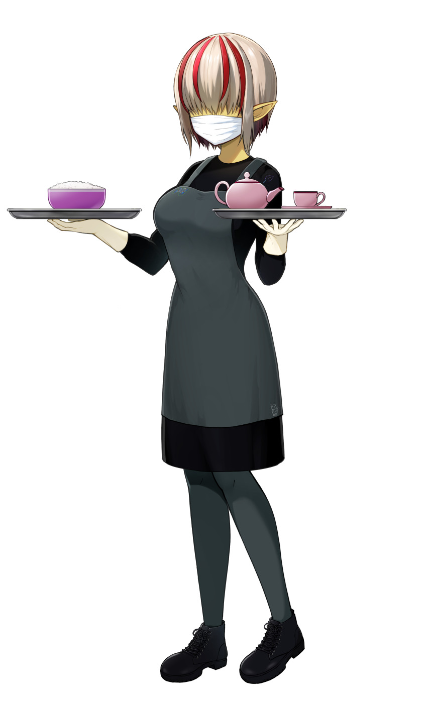 1girl absurdres apron blonde_hair bowl crossover_nexus_project crossover_nexus_series cup ekakima_kuru_(artist) gloves highres isekai_monogatari_series mask mouth_mask pantyhose pointy_ears saucer tea_set teacup teapot tray w_(crossover_nexus)