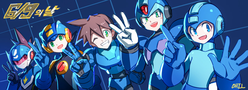 5boys armor artist_name assault_visor blue_armor blue_background blue_bodysuit blue_eyes blue_helmet bodysuit brown_hair dated forehead_jewel geo_stelar_(mega_man) green_eyes helmet in-franchise_crossover male_focus mega_man_(character) mega_man_(classic) mega_man_(series) mega_man_battle_network_(series) mega_man_day mega_man_legends_(series) mega_man_star_force_(series) mega_man_volnutt mega_man_x_(series) megaman.exe multiple_boys name_connection ohil_(ohil822) one_eye_closed red-tinted_eyewear star_force_mega_man tinted_eyewear upper_body v x_(mega_man)
