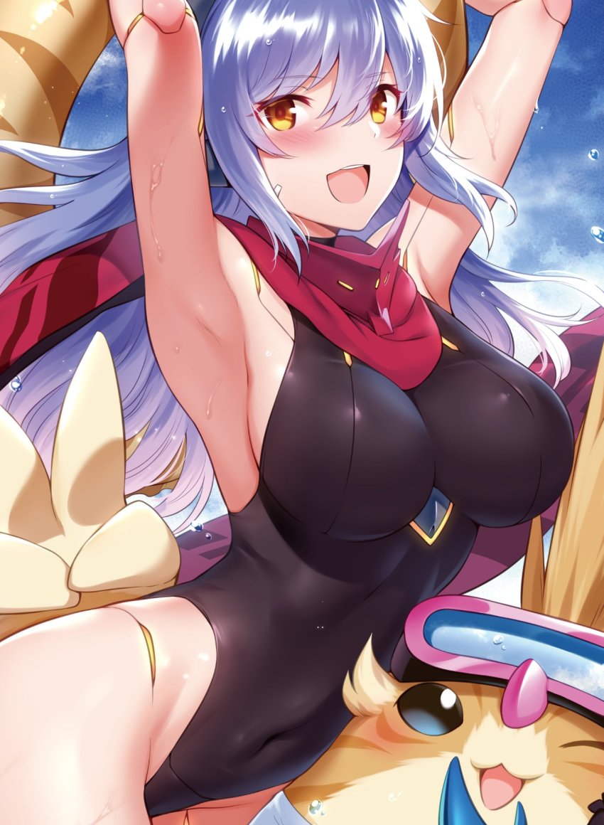 1boy 1girl :d android armpits arms_up black_leotard black_one-piece_swimsuit blue_hair blush breasts covered_navel fur hair_between_eyes highleg highleg_leotard highres joints large_breasts leotard long_hair looking_at_viewer m-da_s-tarou one-piece_swimsuit one_eye_closed open_mouth poppi_(xenoblade) poppi_qtpi_(xenoblade) red_scarf robot_joints scarf smile swimsuit teeth thighs tora_(best_girl_fan)_(xenoblade_2) tora_(xenoblade_2) upper_teeth_only v wet xenoblade_chronicles_(series) xenoblade_chronicles_2 yellow_eyes