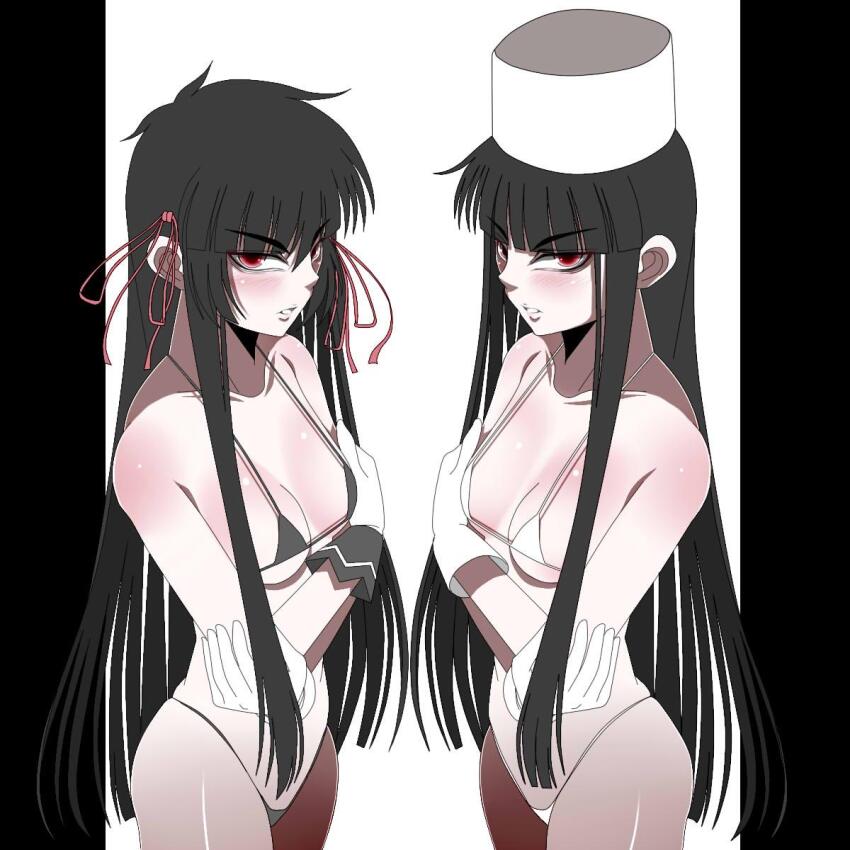 2girls alucard_(hellsing) bare_shoulders bikini black_bikini black_hair blunt_bangs blush breasts color_connection crossover drifters easy_(drifters) fur_hat genderswap genderswap_(mtf) girlycard gloves hair_color_connection hair_ribbon hat hellsing highres hikora lips long_hair look-alike looking_at_viewer micro_bikini multiple_girls pillarboxed red_eyes ribbon small_breasts standing swimsuit upper_body very_long_hair white_bikini white_gloves white_hat