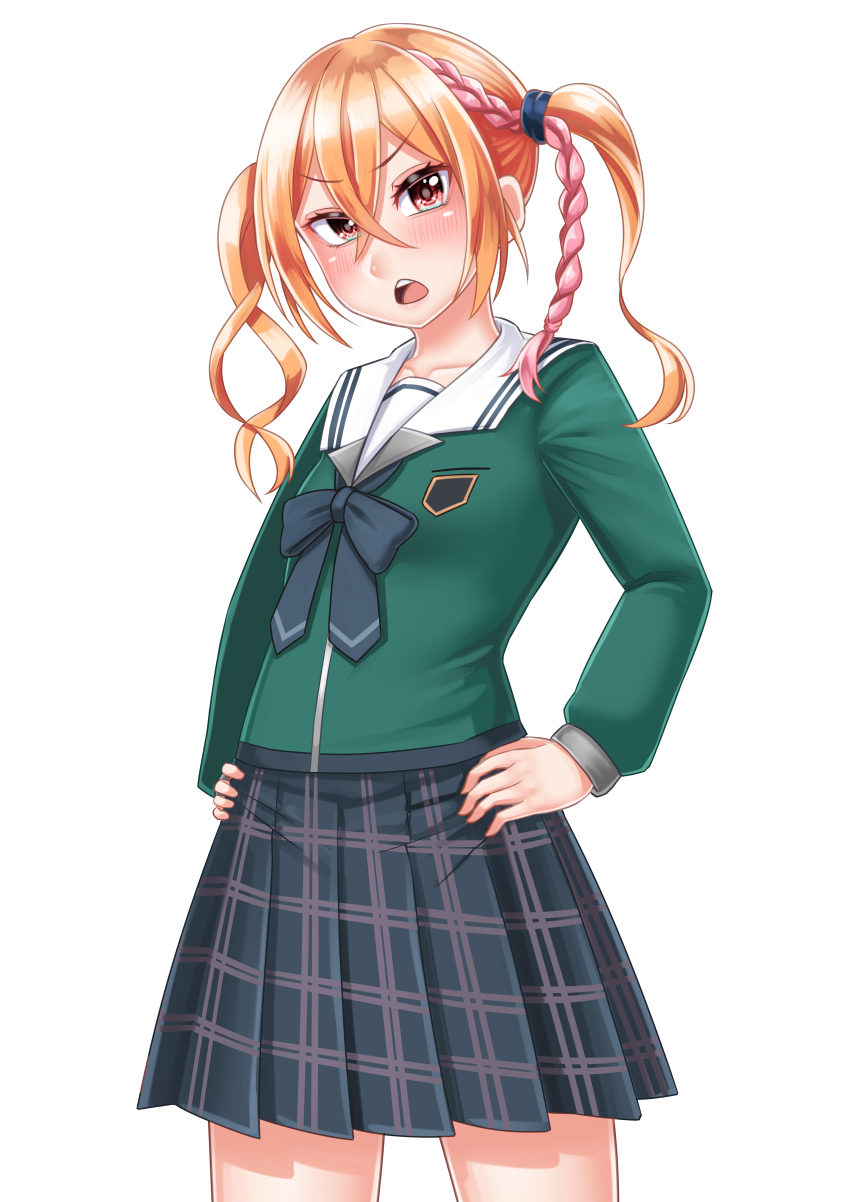 1girl 22/7 22/7_ongaku_no_jikan absurdres black_bow black_bowtie black_skirt blue_hairband blush bow bowtie braid collarbone cowboy_shot crossed_bangs frown fumino_miko green_shirt hair_between_eyes hairband hands_on_own_hips highres long_sleeves looking_at_viewer multicolored_hair open_mouth orange_hair pink_hair plaid_clothes plaid_skirt pleated_skirt rokubanchou_school_uniform sailor_collar school_emblem school_uniform serafuku shirt simple_background single_braid skirt solo standing teeth twintails two-tone_hair upper_teeth_only v-shaped_eyebrows white_background white_sailor_collar winter_uniform zaki_(loud_factory)