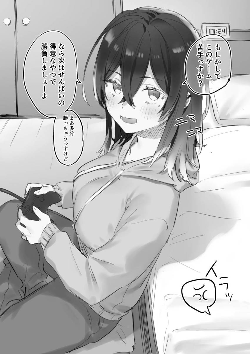 1girl anger_vein annoyed bed blush breasts competition controller crossed_legs ear_piercing earrings game_controller gamepad greyscale hair_between_eyes highres hood hoodie jewelry large_breasts long_hair loungewear mole mole_under_eye monochrome niimaru open_mouth original piercing spoken_anger_vein teasing
