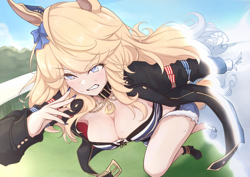 1girl absurdres animal_ears asymmetrical_footwear black_jacket blonde_hair blue_eyes breasts chahiro choker cleavage clenched_teeth commentary_request denim denim_shorts full_body gloves gold_city_(umamusume) highres horse_ears horse_girl horse_tail jacket large_breasts long_hair midriff mismatched_footwear multicolored_nails running shorts single_glove solo tail teeth thigh_strap umamusume