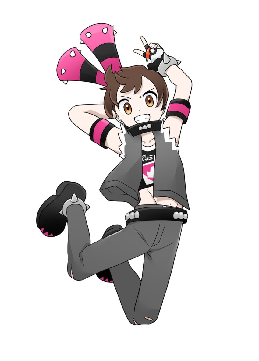 1boy armband belt black_belt black_gloves black_shoes brown_eyes brown_hair collarbone commentary_request cosplay crop_top fingerless_gloves full_body gloves grey_vest grin highres looking_at_viewer male_focus mashiro_eaka midriff_peek navel nintendo poke_ball poke_ball_(basic) pokemon pokemon_swsh shoes short_hair simple_background smile solo spiked_anklet team_yell team_yell_grunt team_yell_grunt_(cosplay) vest victor_(pokemon) white_background
