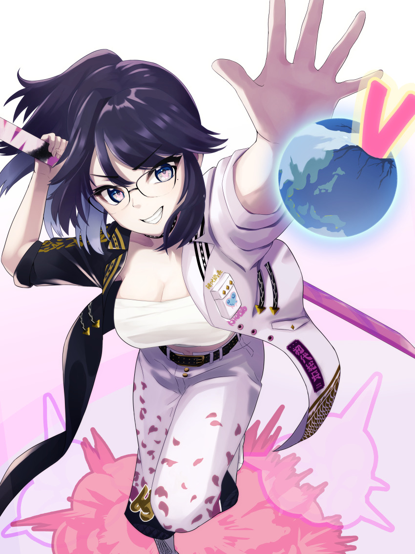 1girl absurdres belt black-framed_eyewear black_belt black_choker black_jacket blue_eyes blue_hair breasts chest_sarashi choker cleavage glasses highres holding holding_sword holding_weapon illustsaboko jacket kson large_breasts long_hair looking_at_viewer mole mole_under_eye multicolored_hair multicolored_jacket navel pants purple_hair sarashi smile solo souchou spiked_choker spikes streaked_hair sword two-tone_jacket virtual_youtuber vshojo weapon white_jacket white_pants