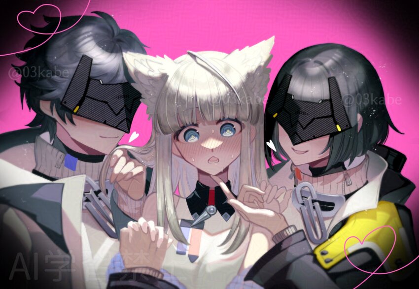 1boy 2girls 3kabe0 :d :o animal_ears arknights arknights:_endfield bare_shoulders bird_ears bird_girl black_hair black_jacket dizzy endministrator_(arknights) eye_mask female_endministrator_(arknights) highres holding_hands interlocked_fingers jacket long_sleeves male_endministrator_(arknights) medium_hair multiple_girls open_mouth perlica_(arknights) shirt short_hair shy sleeveless sleeveless_shirt smelling smelling_hair smile sweater teasing watermark white_hair white_shirt white_sweater