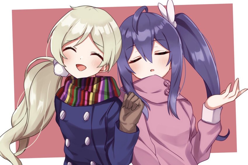 2girls ahoge blue_coat blush border breasts brown_gloves buttons closed_eyes coat dot_nose double-breasted double-parted_bangs eyelashes fluffy_hair gloves grey_hair hair_ornament hand_up handa_roco hood hoodie idolmaster idolmaster_million_live! idolmaster_million_live!_theater_days long_hair long_sleeves mochizuki_anna multicolored_scarf multiple_girls official_alternate_hairstyle open_mouth outside_border parted_bangs pink_background pink_hood pink_hoodie pocchari purple_hair scarf side_ponytail sidelocks small_breasts smile twintails upper_body very_long_hair wavy_hair white_border