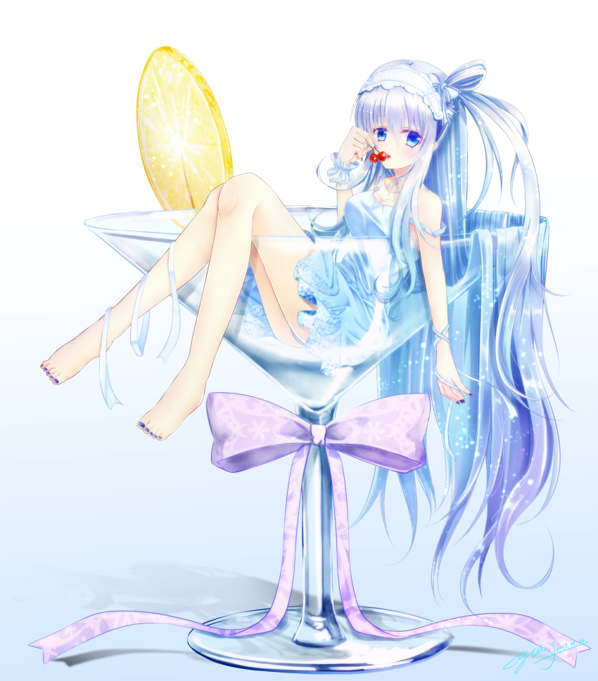 1girl absurdres barefoot blue_dress blue_eyes blue_nails bow breasts cherry cleavage cocktail_glass cup dress drinking_glass eating female_focus food fruit hair_bow hairband highres lemon lemon_slice long_hair medium_breasts nail_polish original silver_hair sitting solo strap_slip very_long_hair yuitsuki1206