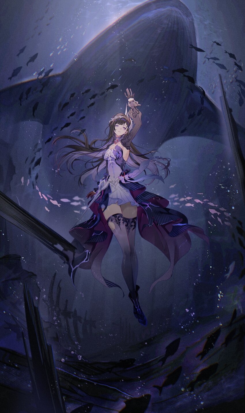 1girl absurdres arm_up asymmetrical_gloves black_boots black_dress black_gloves black_hair black_thighhighs boots breasts cleavage dress full_body gloves highres hitohachan honkai:_star_rail honkai_(series) hysilens_(honkai:_star_rail) knee_boots long_hair long_sleeves mismatched_gloves multicolored_hair parted_lips purple_hair red_gloves thighhighs torn_clothes torn_thighhighs underwater very_long_hair whale