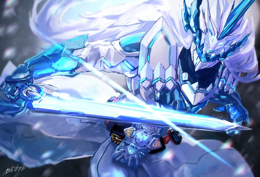 1boy amamiyakaduto animal_helmet armor belt belt_buckle blizzard blue_eyes breastplate buckle clawed_gauntlets claws commentary_request crystal_sword rider_belt fake_horns fantasy faulds full_armor fur_trim gauntlets gorget greaves helmet highres holding holding_sword holding_weapon horned_helmet horns huge_weapon ice kamen_rider kamen_rider_blades kamen_rider_blades_tategami_hyoujuusenki kamen_rider_saber_(series) knight lion lion_head_(ornament) loincloth male_focus mane open_hand over_shoulder pauldrons rider_belt sharp_teeth shoulder_armor shoulder_spikes single_horn solo spiked_armor spiked_gauntlets spiked_helmet spikes suiseiken_nagare sword teeth tokusatsu upper_body vambraces weapon weapon_over_shoulder white_armor white_background white_fur winter
