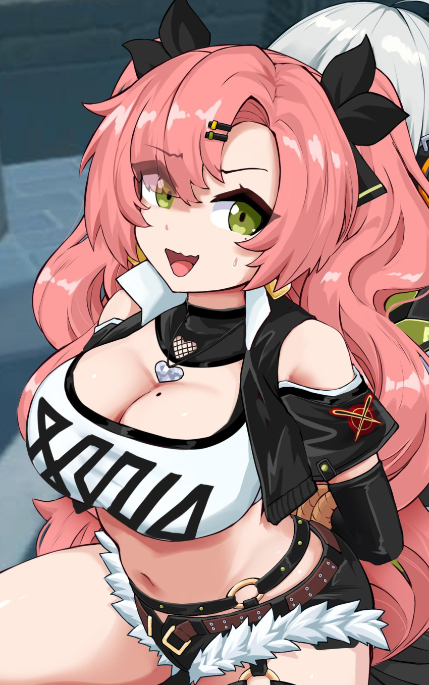 2girls anby_demara arms_behind_back back-to-back bare_shoulders bdsm black_collar black_jacket black_ribbon black_shirt black_shorts black_sleeves bondage bound breasts cleavage clothing_cutout collar cowboy_shot cropped_jacket cropped_shirt detached_collar detached_sleeves eyelashes female_focus from_above from_side green_eyes hair_ribbon huge_breasts jacket jewelry long_hair looking_at_viewer looking_to_the_side mihoyo mole mole_on_breast mole_under_eye multiple_girls navel necklace nervous nervous_smile nicole_demara off-shoulder_shirt off_shoulder open_clothes open_jacket open_mouth pink_hair ribbon rope shirt shorts shoulder_cutout sitting slash-ex smile solo_focus tongue twintails two-tone_shirt wavy_mouth white_shirt zenless_zone_zero