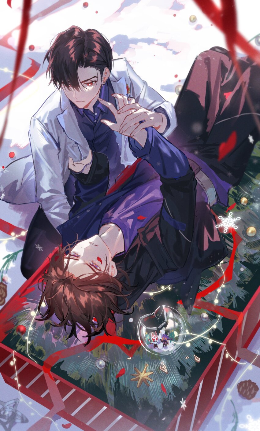 2boys azuma_michinaga belt bishounen black_pants blazer blue_shirt broken casket chibi chibi_inset christmas christmas_ornaments christmas_present commentary desire_grand_prix_uniform doran_(doran7280) gift gun highres holding holding_gun holding_hands holding_weapon jacket kamen_rider kamen_rider_buffa kamen_rider_geats kamen_rider_geats_(series) kneeling long_hair magnum_boost magnum_shooter_40x multiple_boys open_clothes open_jacket pants purple_eyes purple_shirt shirt short_hair snow star_(symbol) symbol-only_commentary symbolism ukiyo_ace unwrapping weapon yaoi zombie zombie_breaker