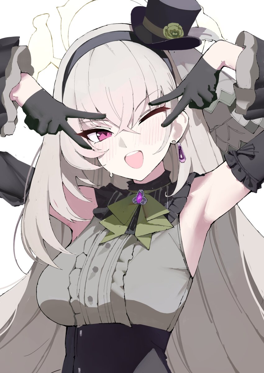 1girl absurdres ascot black_headband blue_archive djan double_v flower flower_hat green_ascot green_flower green_rose hat headband highres idol idol_clothes mini_hat mini_top_hat one_eye_closed rose sakurako_(blue_archive) sakurako_(idol)_(blue_archive) top_hat v v_over_eye