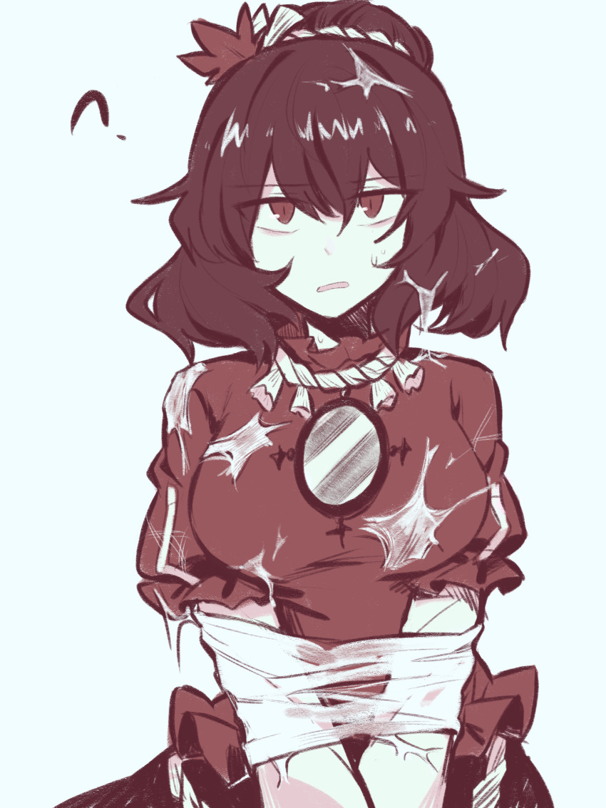 1girl ? bound breasts highres keiko_(emoticon) looking_at_viewer mirror red_eyes red_shirt restrained shirt silk solo spider_web touhou white_background yasaka_kanako
