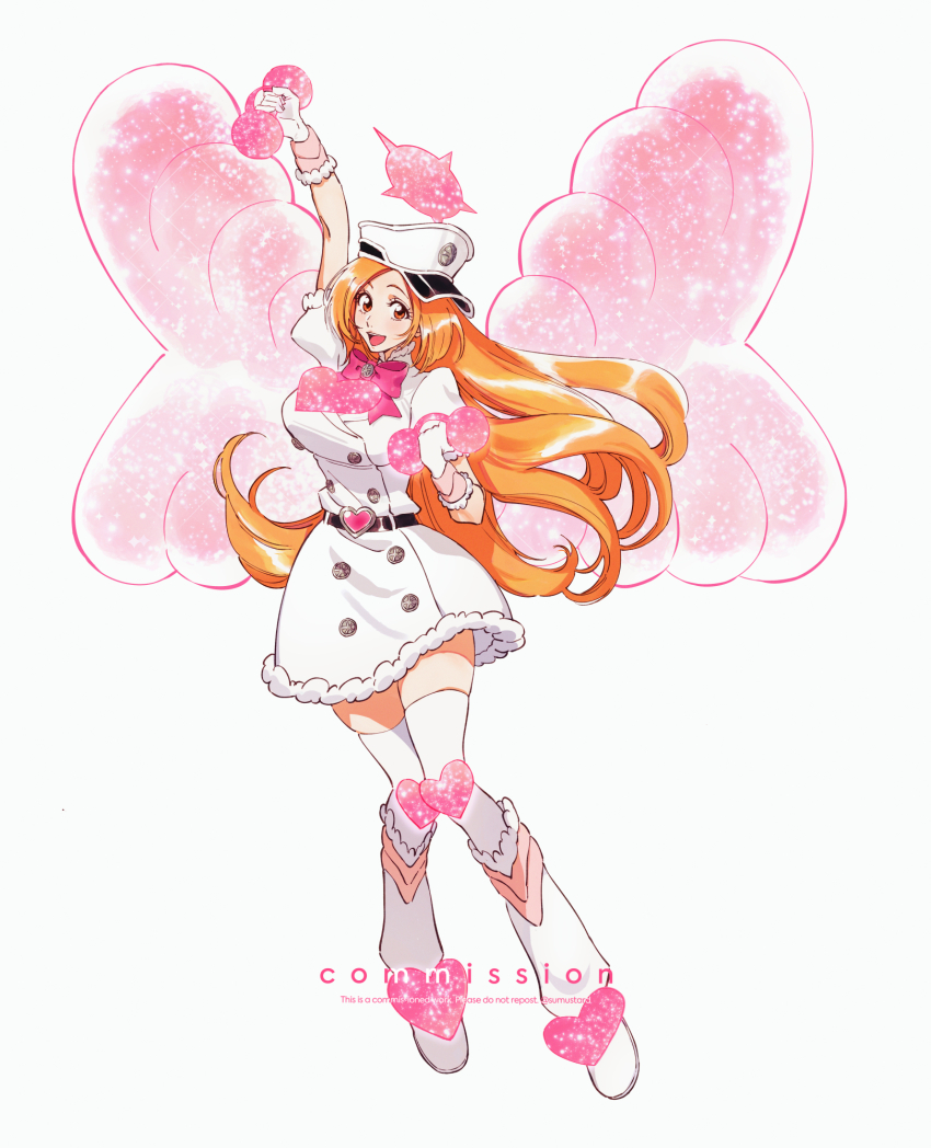 1girl arm_up belt bleach bleach:_sennen_kessen-hen breasts commission cosplay dual_wielding frilled_gloves frilled_skirt frilled_sleeves frills full_body gloves halo hat heart_belt highres holding holding_weapon inoue_orihime large_breasts long_hair looking_at_viewer meninas_mcallon meninas_mcallon_(cosplay) military_hat neck_ribbon open_mouth orange_eyes orange_hair pink_halo pink_wings puffy_sleeves ribbon short_sleeves skirt smile solo sumustard thighhighs twitter_username vollstandig wandenreich_uniform watermark weapon white_gloves white_thighhighs wings