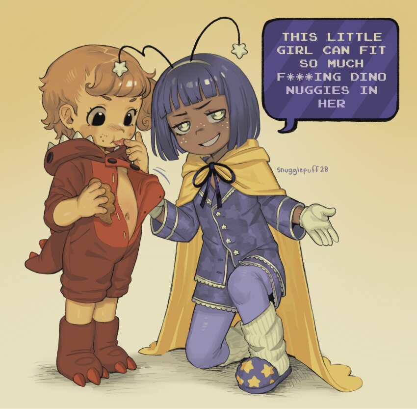 belly cape child dandy&#039;s_world dark-skinned_female dark_skin gloves hairband highres navel shelly_(dandy&#039;s_world) snugglepuff28 tongue tongue_out vee_(dandy&#039;s_world)