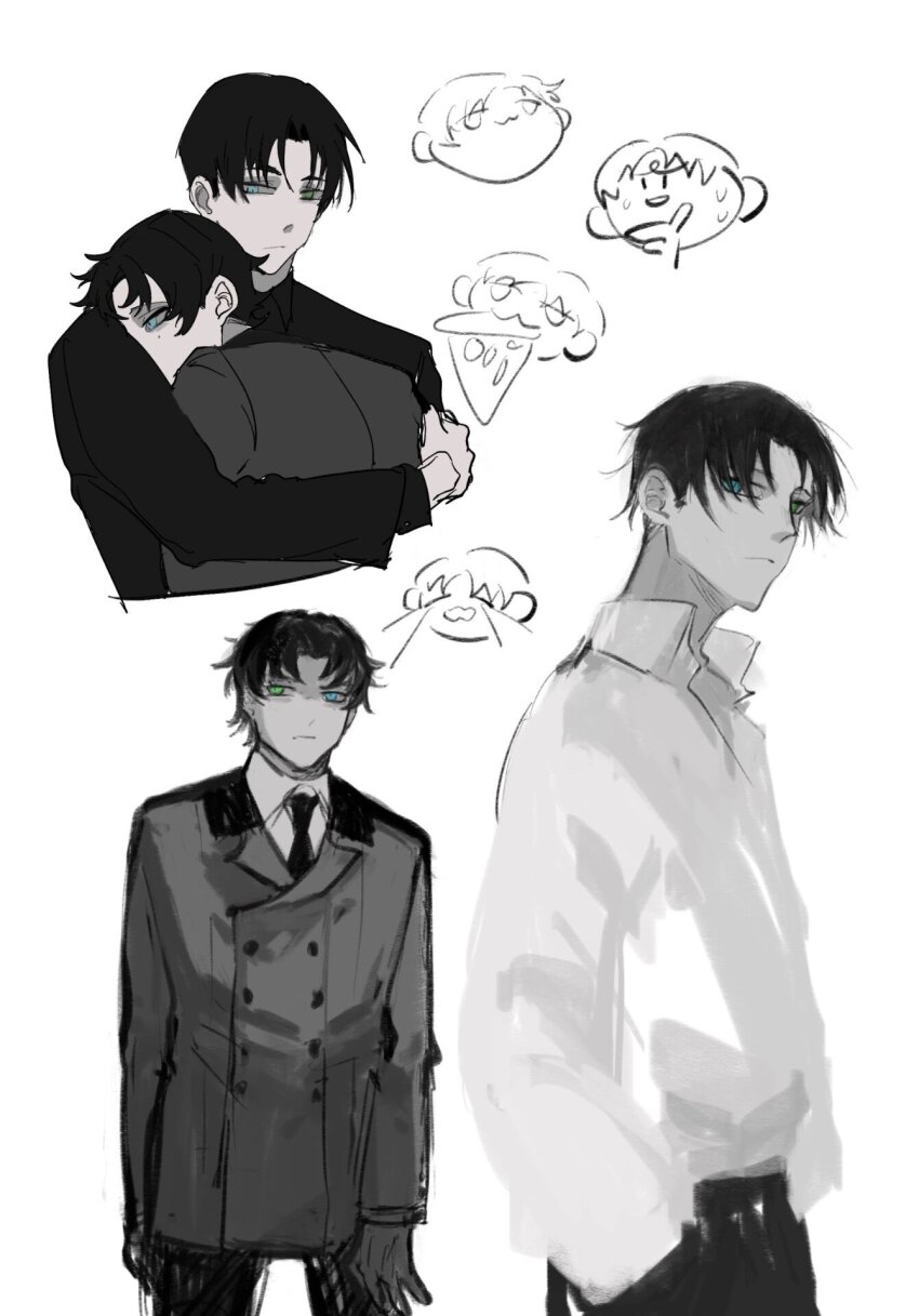 2boys arm_around_back black_hair black_jacket black_necktie collared_shirt doodle_inset green_eyes hand_in_pocket head_on_another&#039;s_shoulder highres hug jacket leaning_on_person looking_at_viewer male_focus multiple_boys multiple_views necktie original shirt short_hair white_background white_shirt wuruko