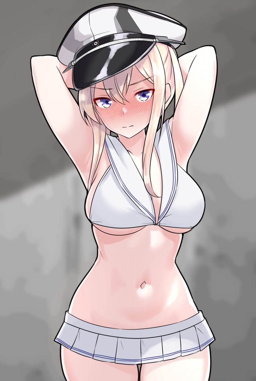 1girl armpits arms_behind_head arms_up bikini bikini_skirt blonde_hair blue_eyes blush breasts commission cosplay furaggu_(frag_0416) gluteal_fold graf_zeppelin_(kancolle) hair_between_eyes hat highres kantai_collection large_breasts long_hair looking_at_viewer navel nipples nose_blush peaked_cap pixiv_commission sailor_bikini sailor_collar sidelocks solo standing stomach swimsuit twintails white_bikini white_sailor_collar z1_leberecht_maass_(kancolle) z1_leberecht_maass_(kancolle)_(cosplay) z1_leberecht_maass_(swimsuit)_(kancolle)
