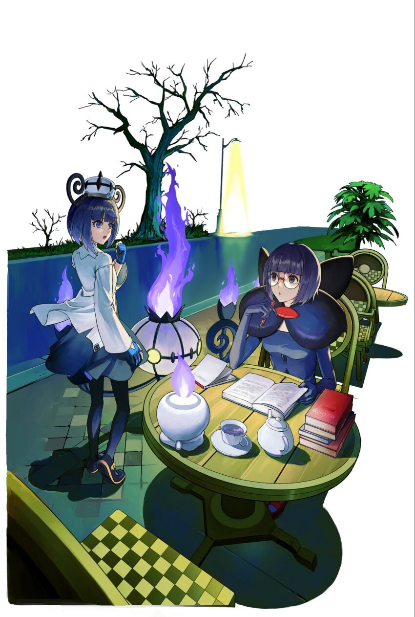 1girl :o bare_tree black_dress black_eyes black_pantyhose black_shoes blue_gloves blunt_bangs bob_cut book book_stack chair chandelure coat cup dress elbow_gloves gen_5_pokemon glasses gloves gwynn_(pokemon) hat highres holding holding_pen imageprogram_(kent) lamppost long_sleeves looking_at_another nintendo notepad on_chair open_book open_mouth pantyhose partially_fingerless_gloves pen plate pokemon pokemon_(creature) pokemon_bw pokemon_legends:_z-a purple_dress purple_eyes purple_gloves purple_hair shauntal_(pokemon) shoes short_hair sitting table teacup teapot tree white_coat