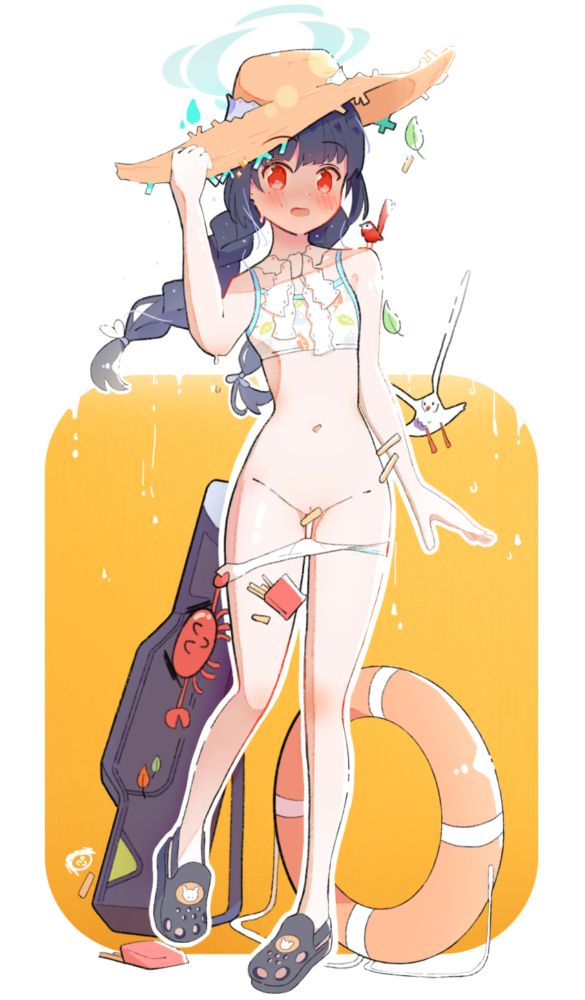 1girl accidental_exposure adjusting_clothes adjusting_headwear assisted_exposure bare_shoulders bikini bird black_hair black_shoes blue_archive blunt_bangs blush braid convenient_censoring crab embarrassed food french_fries full_body grey_halo halo hand_up hat highres innertube leaf leaf_print long_hair looking_at_viewer miyu_(blue_archive) miyu_(swimsuit)_(blue_archive) nanhui_(pixiv_25128899) navel neck_ribbon official_alternate_costume open_mouth orange_background panties panty_pull pussy pussy_peek red_eyes ribbon seagull shoes simple_background solo standing standing_on_one_leg stomach straw_hat sun_hat swim_ring swimsuit two-tone_background underwear white_background white_bikini white_ribbon