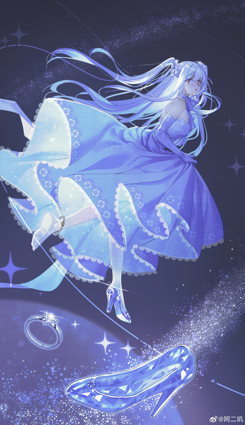 1girl absurdres aer_(tengqiu) alternate_costume bare_shoulders blue_dress blue_hair breasts dress elbow_gloves essex_(warship_girls_r) floating_hair full_body glass_slipper gloves hair_between_eyes hair_ornament high_heels highres jewelry long_hair looking_at_viewer ring skirt_hold solo sparkle twintails two_side_up very_long_hair warship_girls_r watermark weibo_watermark