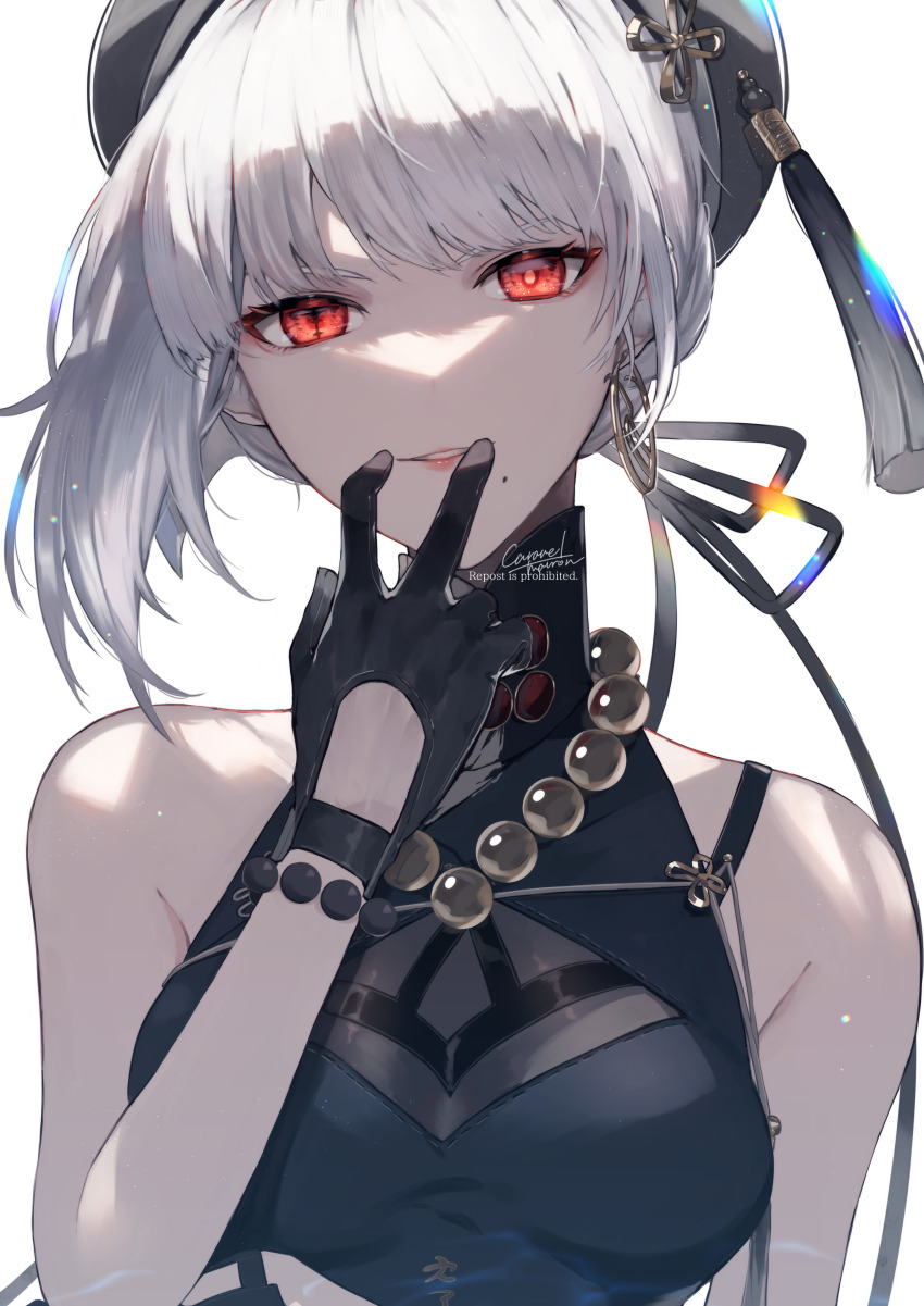 1girl absurdres adversarial_noise bare_shoulders bead_necklace beads black_gloves black_hat black_ribbon black_shirt breasts caramelmarron earrings false_smile gloves hair_ribbon hat highres hoop_earrings jewelry long_ribbon looking_at_viewer medium_breasts medium_hair mismatched_irises missing_commentary necklace parted_lips portrait red_eyes ribbon sanhua_(wuthering_waves) shirt signature simple_background single_earring sleeveless sleeveless_shirt smile solo tacet_mark_(wuthering_waves) white_background white_hair wuthering_waves