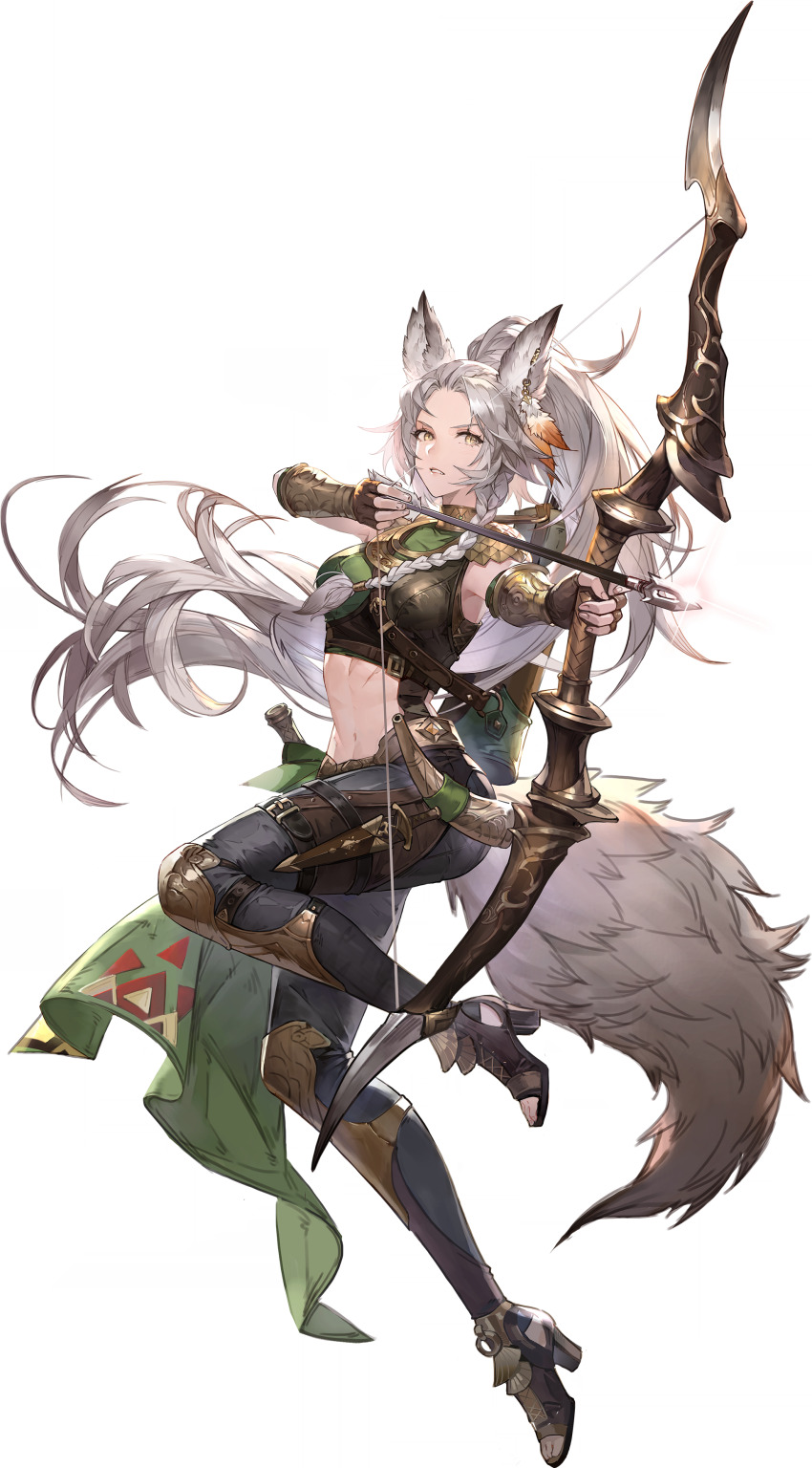1girl absurdres aiming animal_ears arm_guards arrow_(projectile) bow_(weapon) braid chest_guard crop_top dagger drawing_bow earrings feather_earrings feathers fingerless_gloves gloves high_heels high_ponytail highres holding holding_bow_(weapon) holding_weapon jewelry knee_guards knife lilywill_(sword_of_convallaria) long_hair midriff non-web_source official_art open-toe_shoes parted_lips ponytail quiver scabbard sheath single_braid sleeveless solo sword_of_convallaria tail very_long_hair weapon white_hair yellow_eyes
