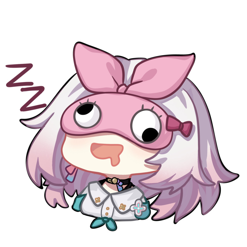 1girl 6_9 black_choker blue_jacket bow buttons chibi chibi_only chinese_commentary choker commentary_request drooling earrings flower flower_ornament hair_bow highres honkai:_star_rail honkai_(series) jacket jewelry long_hair march_7th_(honkai:_star_rail) march_7th_(preservation)_(honkai:_star_rail) messy_hair mouth_drool pink_bow pink_hair portrait shirt single_earring sleep_mask sleeping solo transparent_background white_shirt xiaotongxuto zzz