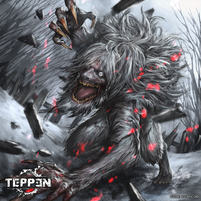 1boy all_fours beard blood capcom claws cloud cloudy_sky colored_teeth day dead_tree facial_hair fog forest glowing glowing_eyes grey_hair highres horror_(theme) jun_ishimaru long_hair monster monster_boy monster_focus nature official_art open_mouth overcast resident_evil resident_evil_village sky snow teeth teppen tongue tree varcolac white_eyes winter yellow_teeth