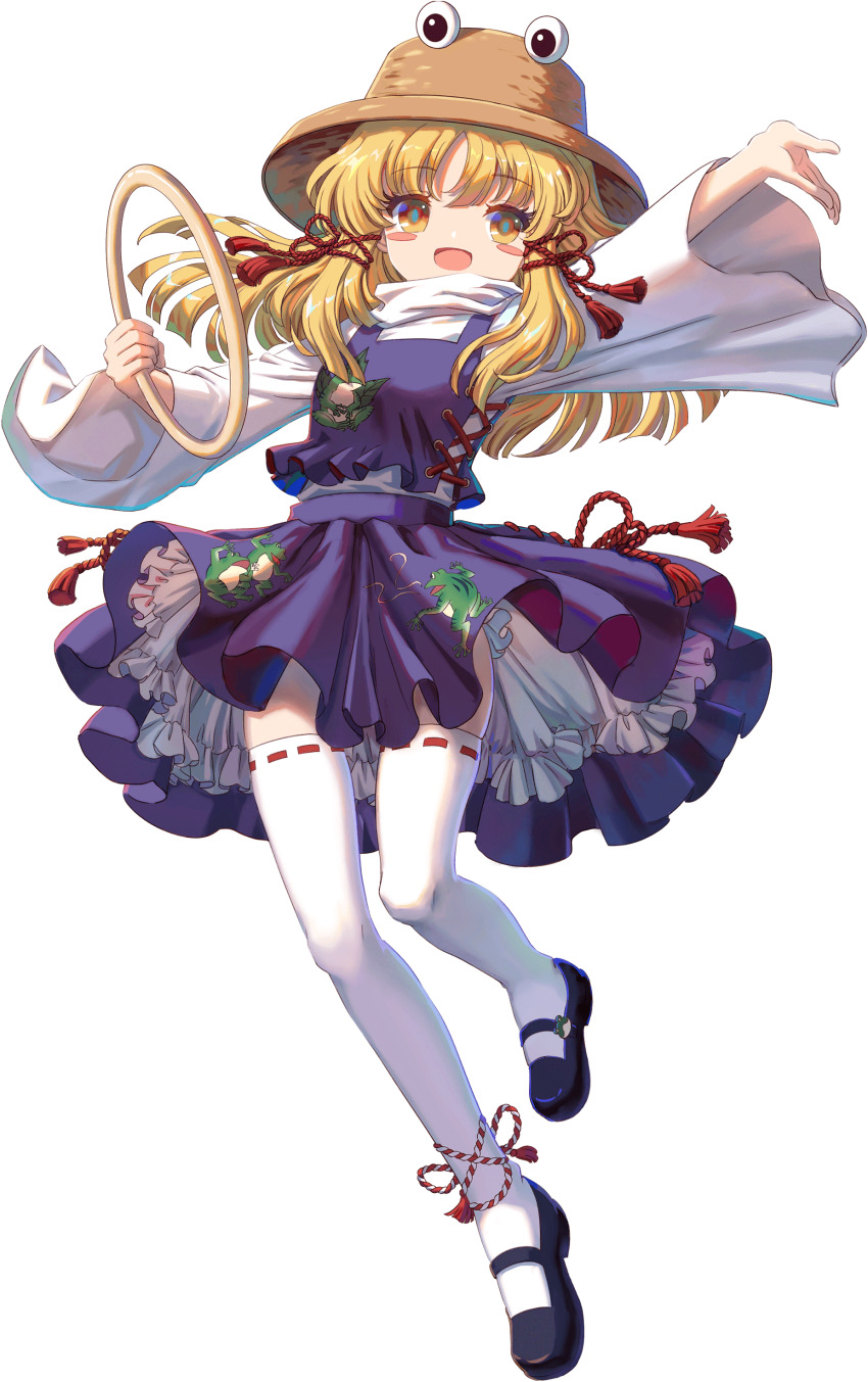 1girl absurdres animal_print black_shoes blonde_hair brown_hat eye_on_hat frilled_skirt frills frog_print full_body game_cg hat highres holding holding_jewelry holding_ring jewelry kouhaku_nawa kumio long_hair long_sleeves mary_janes moriya_suwako non-web_source purple_skirt purple_vest ring rope shimenawa shirt shoes skirt solo tachi-e thighhighs touhou touhou_blooming_chaos vest white_shirt white_thighhighs wide_sleeves yellow_eyes zettai_ryouiki