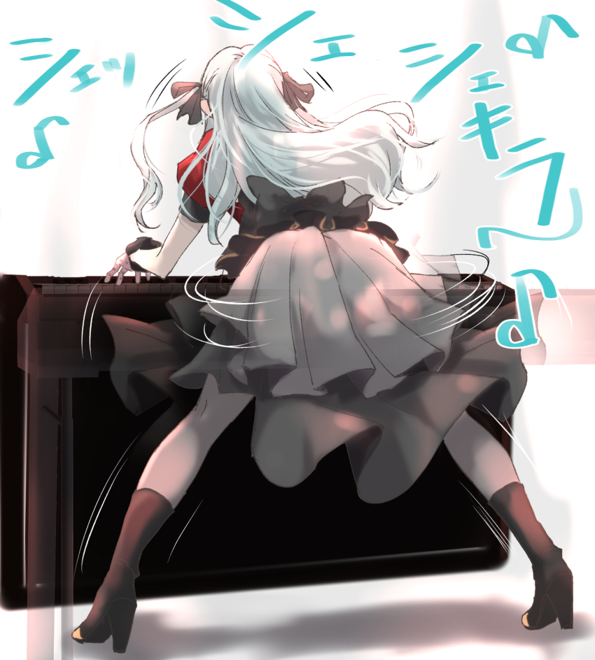 1girl arms_up back_bow bang_dream! bang_dream!_it&#039;s_mygo!!!!! black_boots black_bow black_ribbon black_skirt boots bow commentary_request eighth_note facing_away floating_hair from_behind full_body gloves grey_background grey_gloves grey_hair grey_skirt hair_ribbon high_heel_boots high_heels highres instrument keyboard_(instrument) layered_skirt leaning_forward legs_apart long_hair motion_lines music musical_note oblivionis_(bang_dream!) playing_instrument puffy_short_sleeves puffy_sleeves red_shirt ribbon shadow shirt short_sleeves skirt solo standing togawa_sakiko translation_request two-tone_background two-tone_skirt two_side_up urutsu_sahari white_background