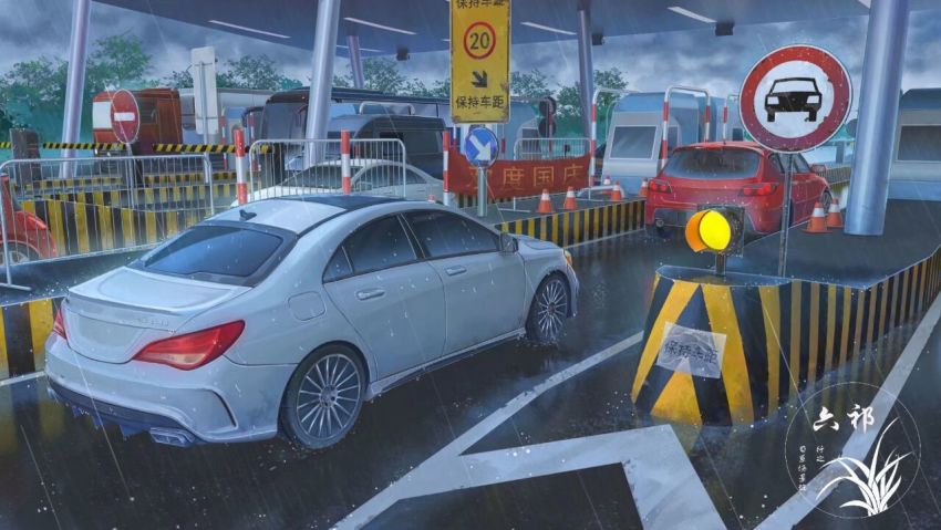 bus car chinese_commentary cloud cloudy_sky divided_highway highway motor_vehicle multi-lane_road no_humans original outdoors rain road road_sign scenery semi_truck sign sky tollway traffic_cone trailer truck van vehicle_focus xingzhi_lv