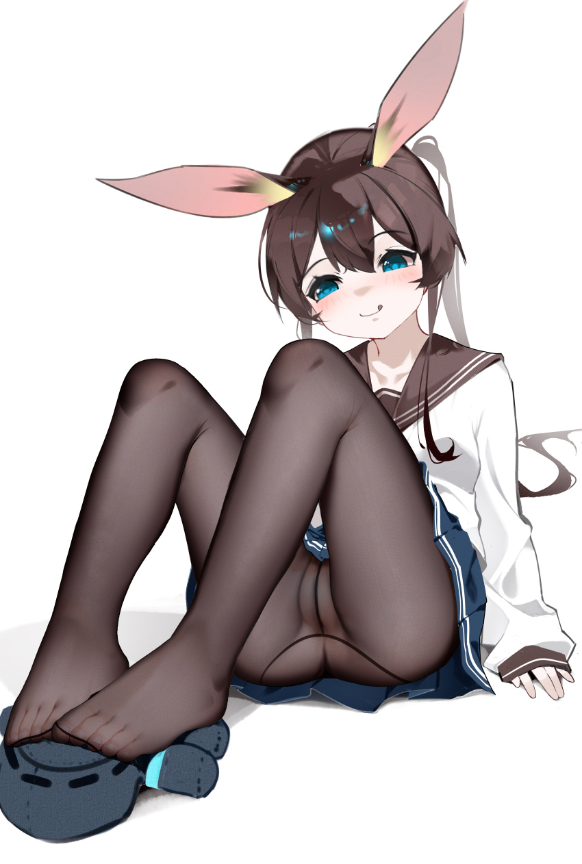 1girl :q absurdres amiya_(arknights) animal_ears arknights ass blouse blue_eyes blush brown_hair brown_pantyhose brown_sailor_collar cameltoe character_doll chinese_commentary closed_mouth commentary doctor_(arknights) feet full_body hair_between_eyes highres legs long_hair no_shoes pantyhose ponytail sailor_collar shenmi_de_xigua shirt simple_background sitting sleeves_past_fingers sleeves_past_wrists smile solo tongue tongue_out variant_set white_background white_shirt