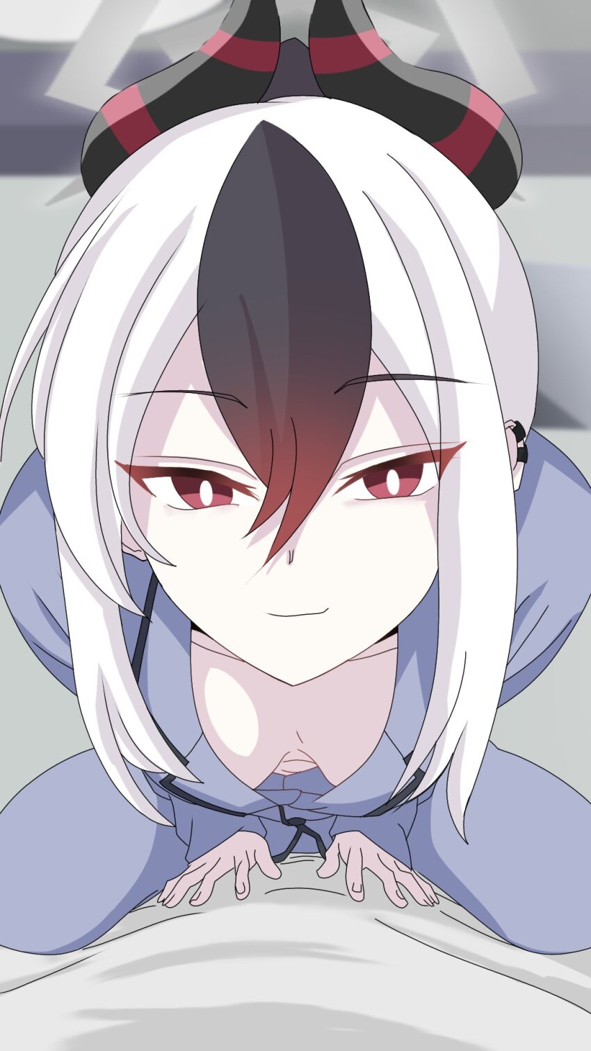 1girl alternate_costume bed bent_over black_hair blue_archive breasts breasts_apart close-up closed_mouth demon_horns downblouse earclip extended_downblouse good_morning_my_brother_(meme) gradient_hair grey_halo grey_pajamas grey_pants grey_shirt hair_between_eyes halo highres horns indoors kayoko_(blue_archive) light_smile long_sleeves looking_at_viewer medium_breasts multicolored_hair no_bra on_bed pajamas pants red_eyes red_hair scene_reference shi_draco shirt sidelocks solo straddling tokidoki_bosotto_roshia-go_de_dereru_tonari_no_alya-san white_hair