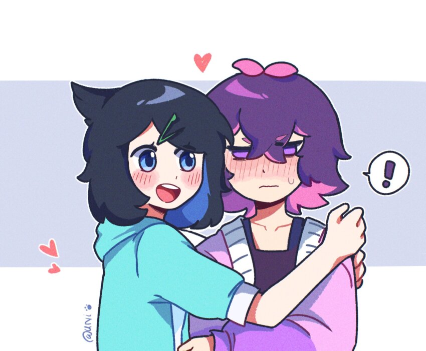 ! 2girls aqua_hoodie black_hair blue_eyes blush colored_inner_hair commentary dot_(pokemon) frown heart highres hug jacket liko_(pokemon) multicolored_hair multiple_girls ni12345670 nintendo open_mouth pink_hair pokemon pokemon_(anime) pokemon_horizons purple_eyes purple_hair purple_jacket short_sleeves signature smile spoken_exclamation_mark sweatdrop two-tone_hair yuri