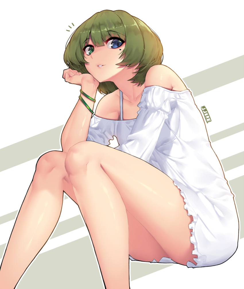 10s 1girl bare_shoulders blue_eyes bracelet brown_hair female_focus green_eyes heterochromia highres idolmaster idolmaster_cinderella_girls jewelry jjune looking_at_viewer mole mole_under_eye parted_lips short_hair solo takagaki_kaede