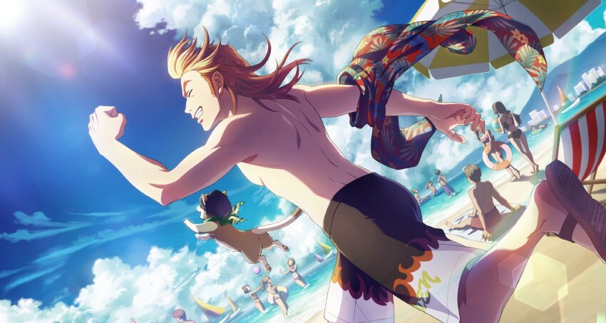 6+boys 6+girls akai_suzaku animal_hands artist_request ball barefoot beach beach_towel beachball black_male_swimwear black_swim_trunks blue_sky boat bra brown_hair cat cat_tail cloud fingernails flip-flops highres idolmaster idolmaster_side-m idolmaster_side-m_growing_stars lens_flare male_swimwear multicolored_hair multicolored_male_swimwear multicolored_swim_trunks multicolored_swimsuit multiple_boys multiple_girls nyako_(idolmaster) ocean official_art orange_hair red_eyes running sandals sky smile sunlight swim_trunks swimsuit tail teeth topless_male towel umbrella underwear unworn_shirt watercraft white_male_swimwear white_swim_trunks
