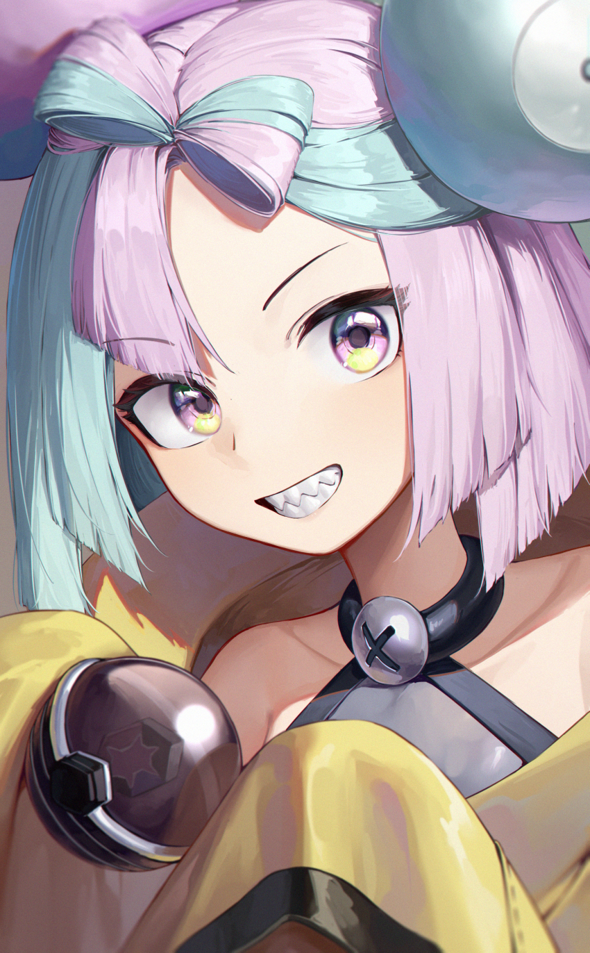 1girl bow-shaped_hair character_hair_ornament hair_ornament highres iono_(pokemon) jacket long_sleeves multicolored_hair nintendo pokemon pokemon_sv sharp_teeth sleeves_past_fingers sleeves_past_wrists soeyumi solo split-color_hair teeth very_long_sleeves x yellow_jacket