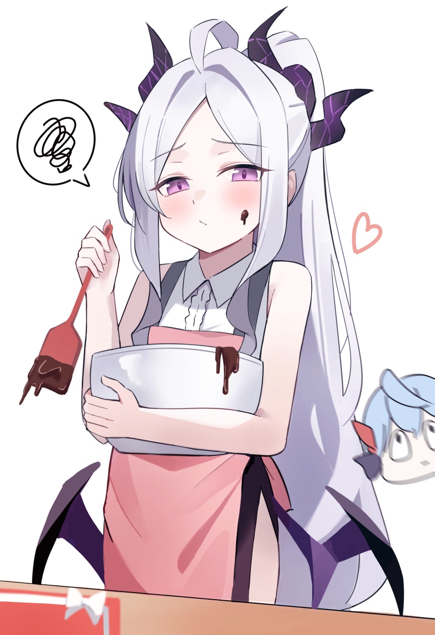 absurdres ahoge ako_(blue_archive) apron blue_archive bowl box chocolate demon_girl demon_horns demon_wings gift gift_box highres hina_(blue_archive) holding holding_bowl horns long_hair looking_at_viewer muki_c purple_eyes simple_background standing valentine white_background white_hair wings