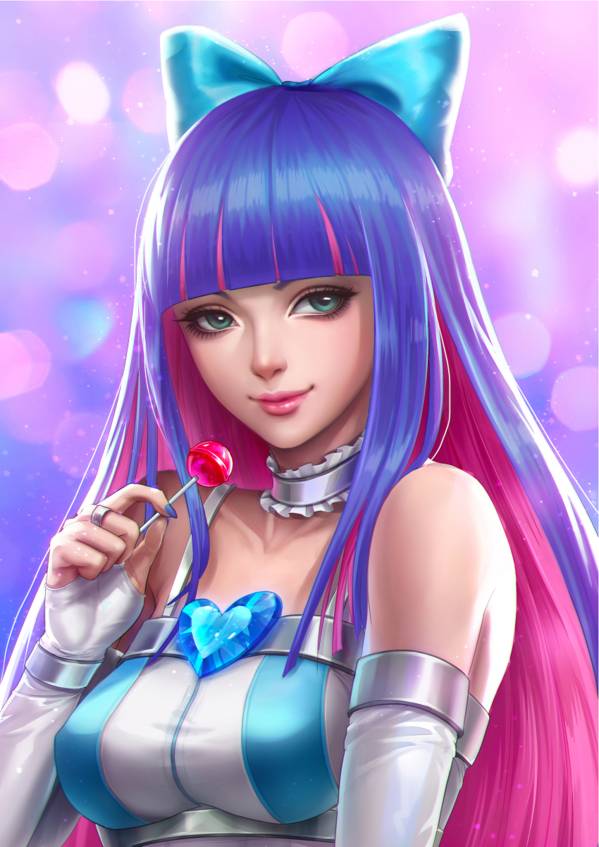 10s 1girl absurdres aqua_eyes blue_bow blue_hair blue_nails bow breasts candy collarbone colored_inner_hair commentary dress elbow_gloves eyelashes female_focus food gem gloves hair_bow heart heart-shaped_gem highres kai_e large_breasts light_smile lips lollipop long_hair looking_at_viewer multicolored_hair nail_polish neck_garter nose panty_&amp;_stocking_with_garterbelt pink_hair pink_lips purple_background realistic shirt sleeveless sleeveless_shirt smile solo sparkle stocking_(psg) striped_clothes striped_dress two-tone_hair upper_body vertical_stripes white_gloves