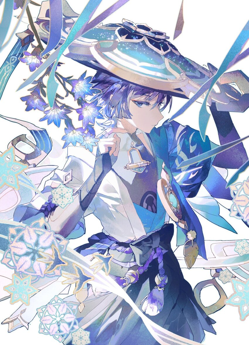 1boy bishounen closed_mouth cowboy_shot fingerless_gloves flower genshin_impact gloves hat highres japanese_clothes jewelry lobelia_(saclia) looking_at_viewer male_focus necklace purple_eyes purple_hair scaramouche_(genshin_impact) shirt shorts simple_background solo vision_(genshin_impact) wanderer_(genshin_impact) white_background