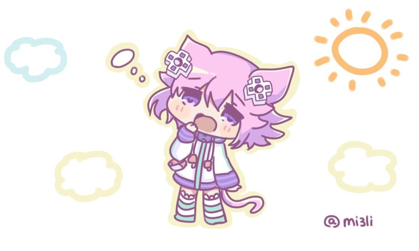1girl animal_ears artist_name cat_ears cat_girl choker d-pad d-pad_hair_ornament hair_ornament mi3li neptune_(neptunia) neptune_(series) open_mouth parka purple_eyes purple_hair short_hair simple_background striped_legwear sun white_background