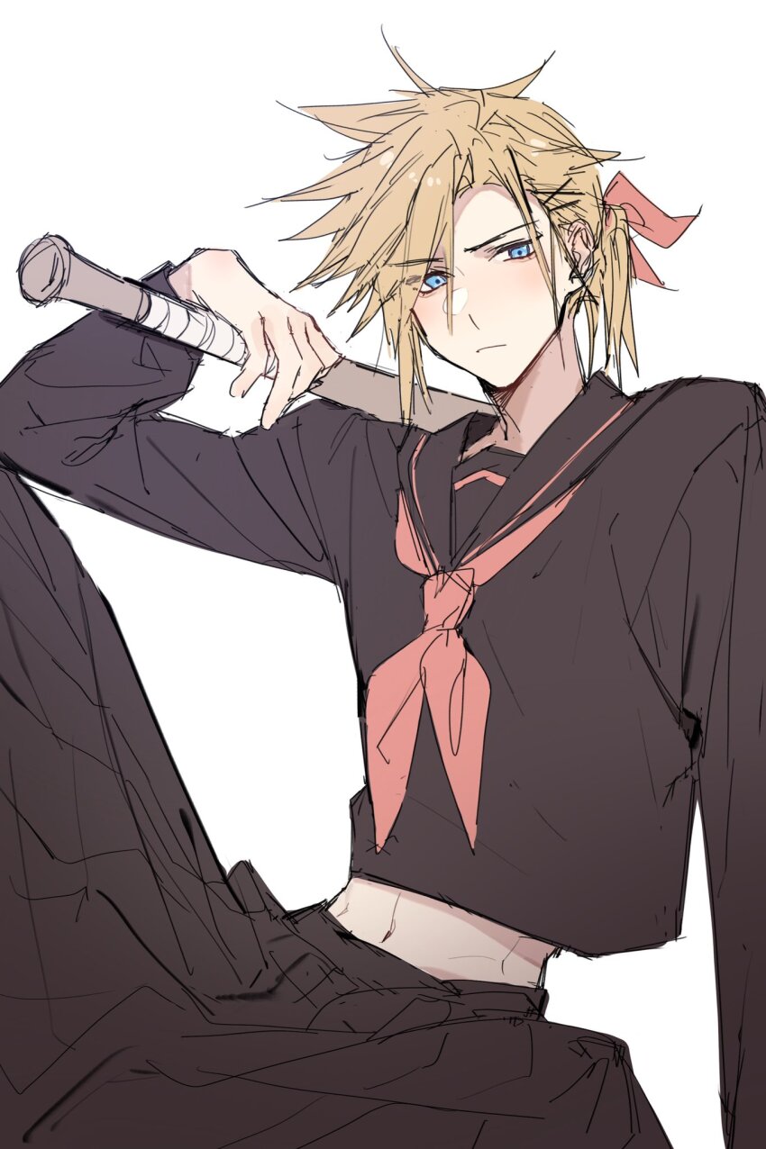1boy aerith_gainsborough aerith_gainsborough_(cosplay) aerith_gainsborough_(midgard_seventh_high_school) baseball_bat black_sailor_collar black_shirt black_skirt blonde_hair cloud_strife cosplay crossdressing delinquent final_fantasy final_fantasy_vii final_fantasy_vii_ever_crisis hair_between_eyes hair_ornament hair_ribbon hairclip highres holding holding_baseball_bat light_blush long_skirt long_sleeves male_focus midriff navel neckerchief over_shoulder pink_neckerchief pink_ribbon pleated_skirt ponytail ribbon sailor_collar school_uniform shirt skirt solo spiked_hair sukeban weapon weapon_over_shoulder xiluo0207