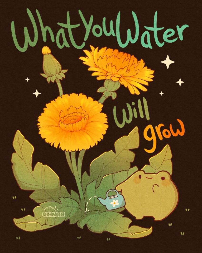 animal brown_background dandelion flower flower_focus frog highres no_humans original plant plant_focus rihnlin simple_background smile sparkle watering_can
