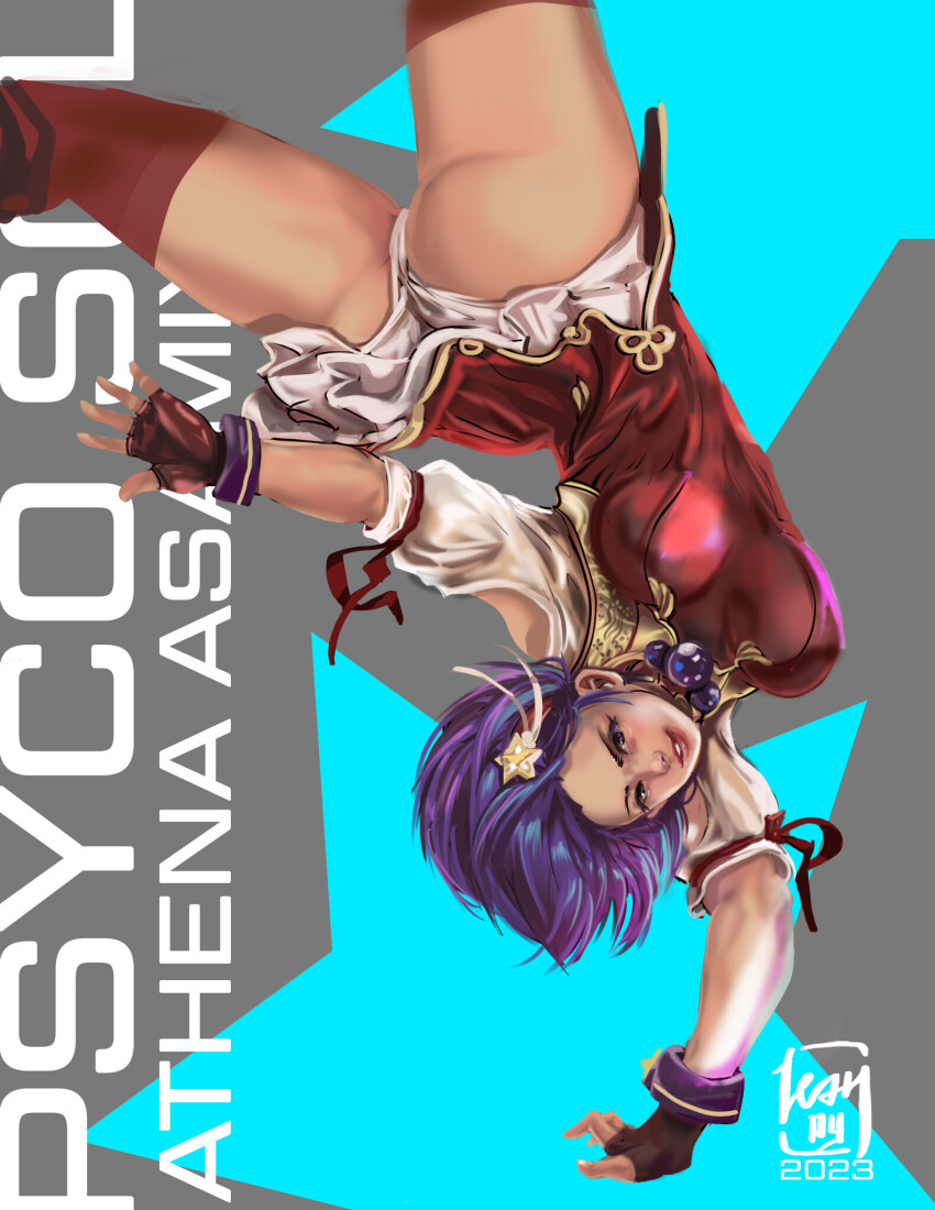 1girl acrobatics asamiya_athena ass bike_shorts bouncing_breasts breasts clothes_lift curvy dress female_focus gloves hairband hand_up huge_ass huge_breasts large_breasts lean_agbayani lean_dy leanagbayani legs_up looking_at_viewer pale_skin pants purple_eyes purple_hair short_hair skirt skirt_lift smile smiley_face star_(symbol) the_king_of_fighters thick_thighs thighs tight_clothes tight_pants wide_hips