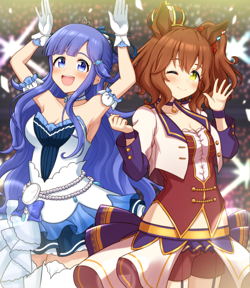 2girls absurdres asari_nanami aston_machan_(umamusume) blue_eyes blue_hair blush breasts brown_hair cleavage crown ear_piercing garter_straps gloves green_eyes highres hokutoro64 horse_girl idolmaster idolmaster_cinderella_girls inoue_honoka jacket long_hair multiple_girls one_eye_closed piercing side_ponytail starting_future_(umamusume) thighhighs umamusume voice_actor_connection white_gloves white_jacket white_thighhighs