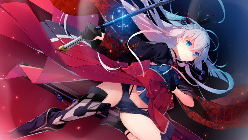 1girl akatsuki_yureru_koi_akari blue_eyes blush boots breasts feet_up female_focus fighting_stance floating_hair game_cg hair_between_eyes hands_up high_ponytail hilt holding holding_sword holding_weapon japanese_clothes leg_lift legs light_blush long_hair looking_at_viewer nose_blush obi original ponytail sash serious short_shorts shorts simple_background single_thighhigh small_breasts solo standing suzakuin_momiji sword thigh_boots thighhighs thighs usume_shirou weapon white_hair